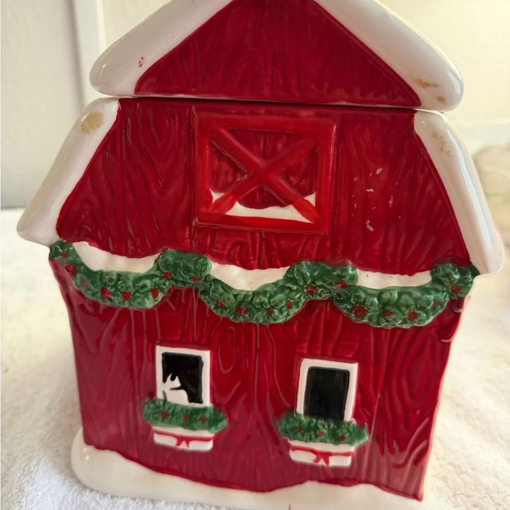 Cookie Jar Red Barn Rustic Holiday  Limited Edition Ceramic By World Market